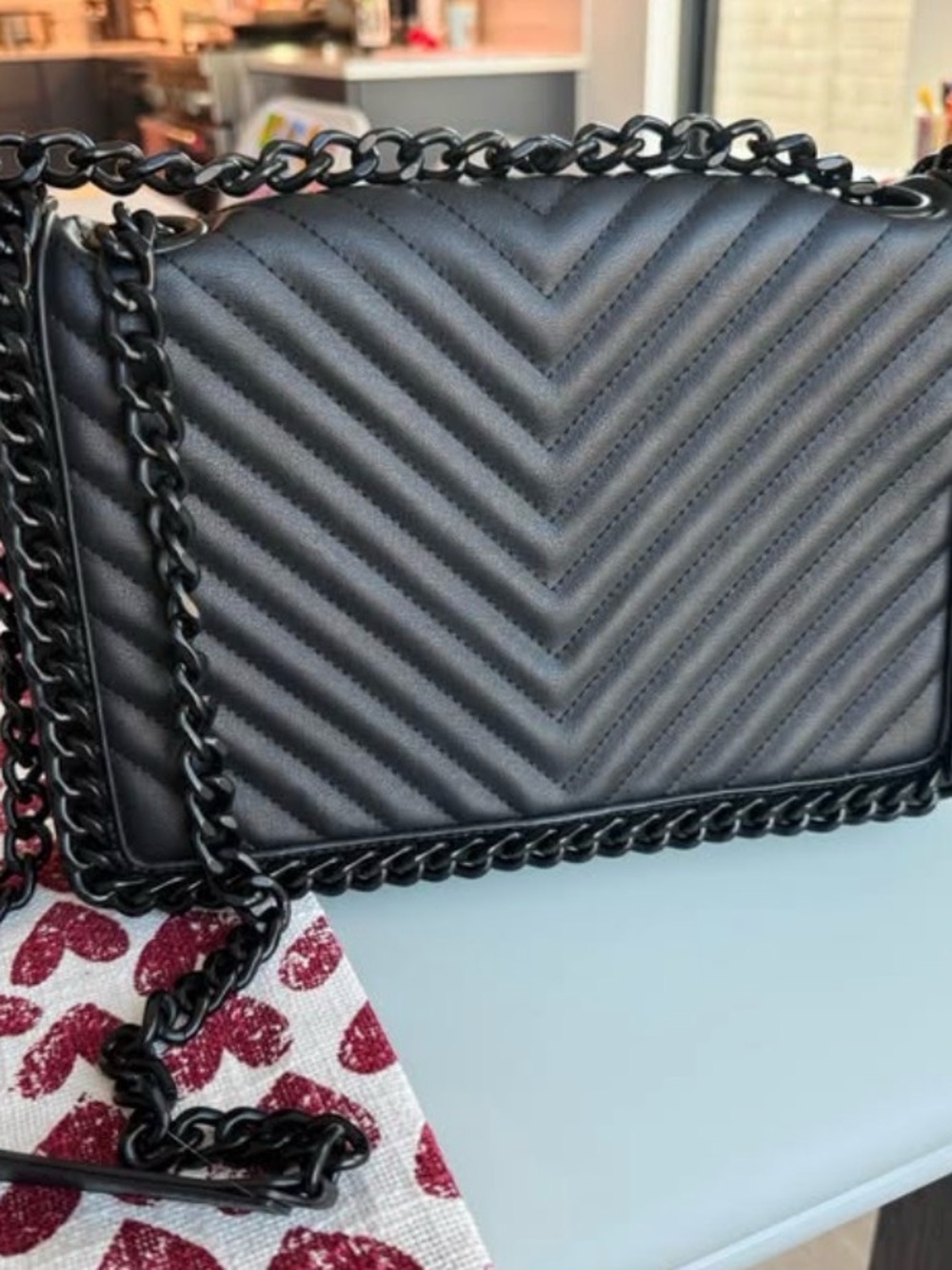 Aldo Black Quilted Chevron Chain Shoulder Bag with Matte Hardware